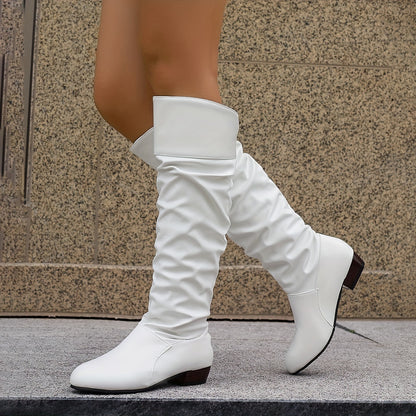 Women's Plus Size Long Tube Pleated Boots - Round Toe Block Heel