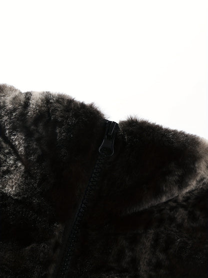 Men's Vintage Plush Jacket - Geometric Pattern with Faux Fur