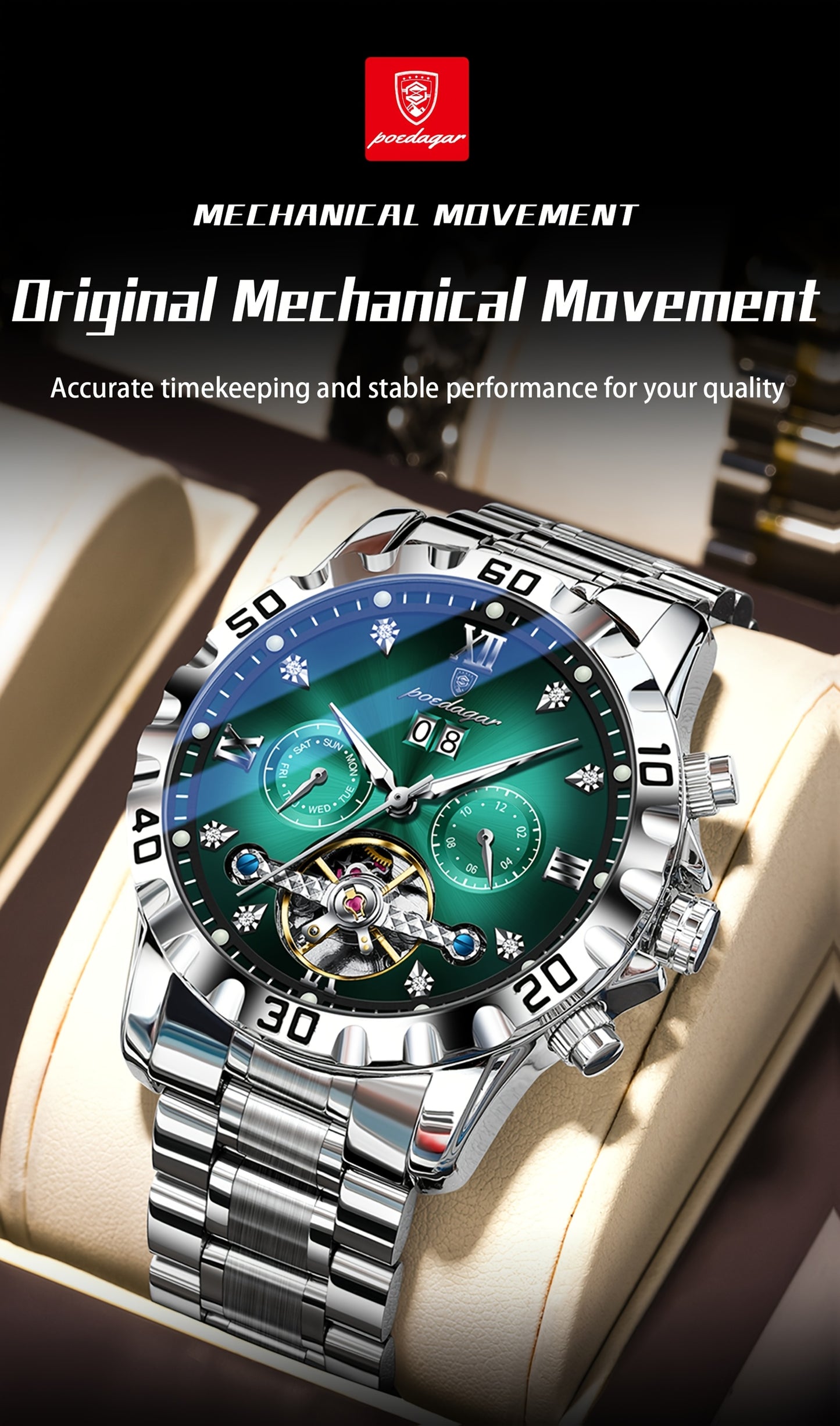 POEDAGAR Men's Luxury Business Watch - Automatic Waterproof