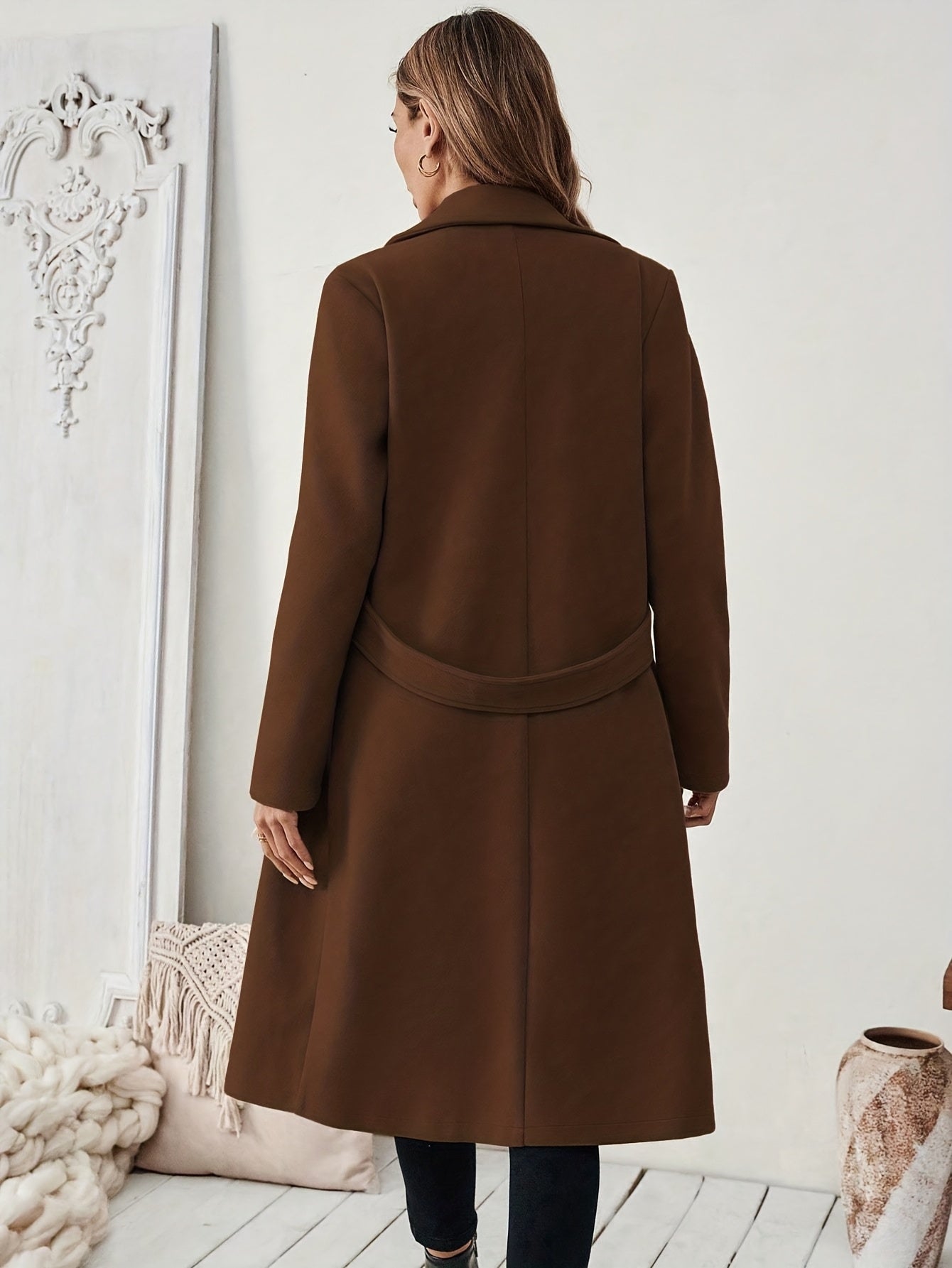 Women's Suit Collar Two-Tone Belted Long Coat - Elegant H-Line