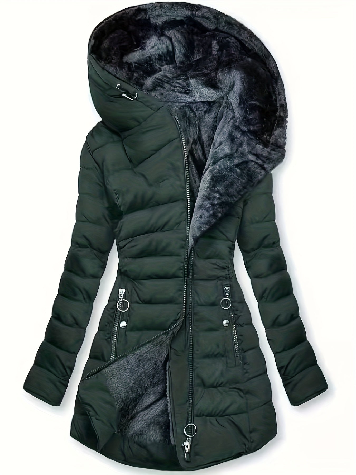 Plus Size Hooded Mid-Length Thick Warm Coat - Anti-Cold Zipper