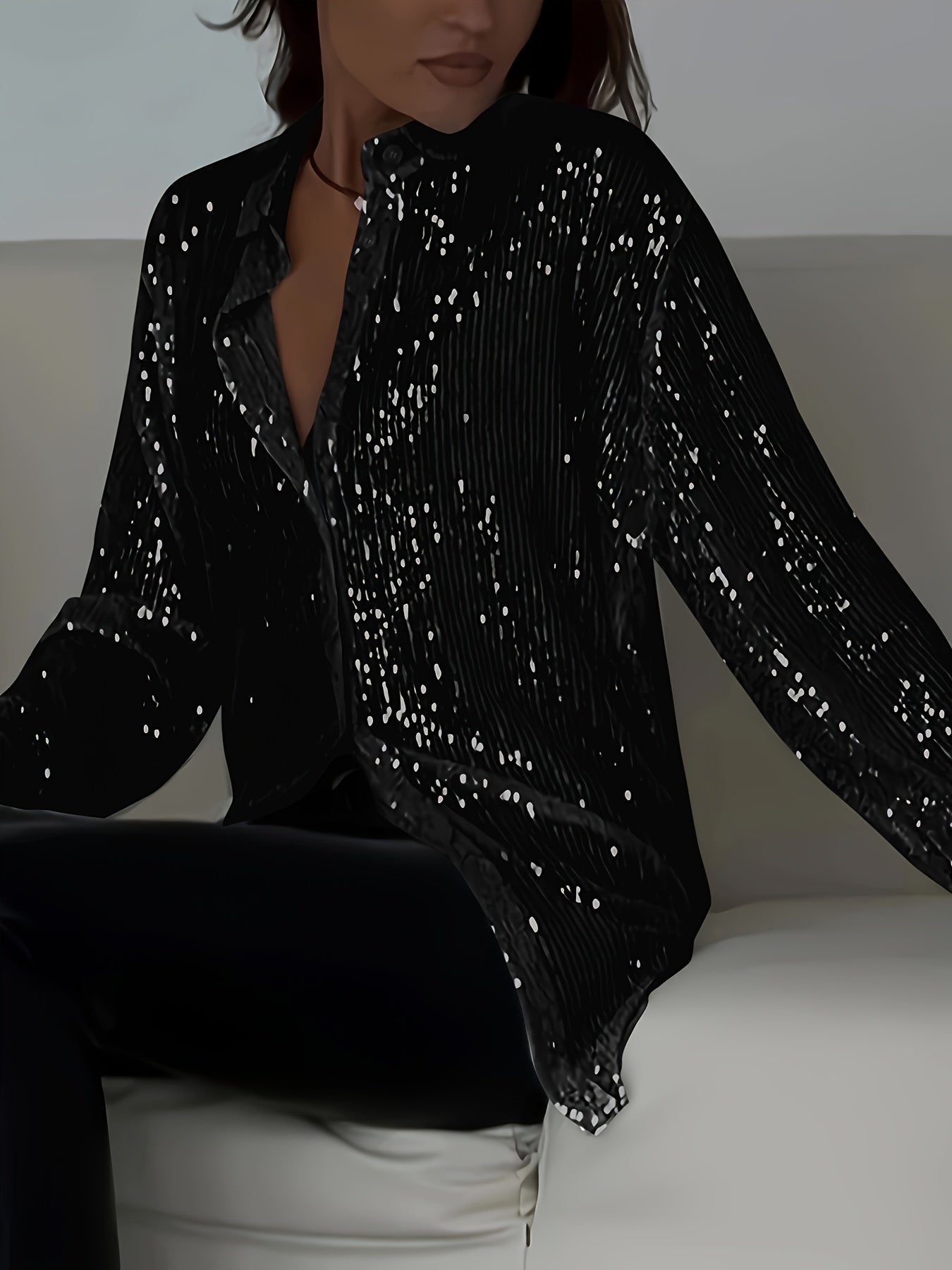 Plus Size Elegant Sequined Long-Sleeve Shirt - Lapel Collar