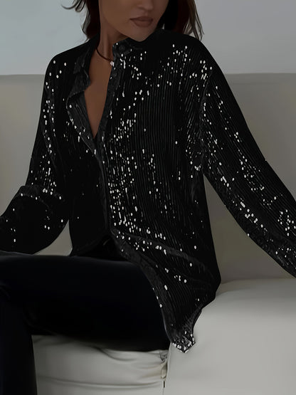 Plus Size Elegant Sequined Long-Sleeve Shirt - Lapel Collar