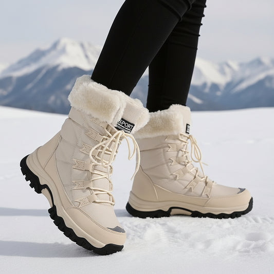 Women's Winter Boots - Light Beige Fleece-Lined Faux Fur Trim