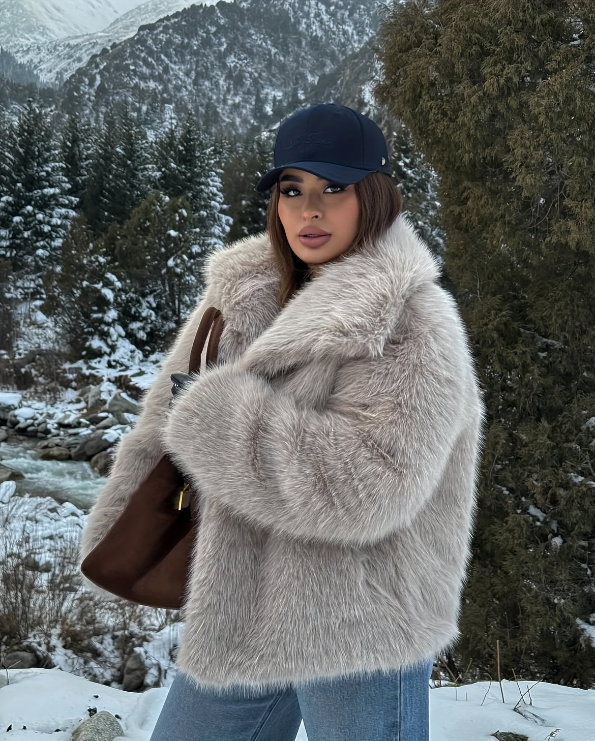 Women's Elegant V-Neck Faux Fur Coat - Solid Color Winter