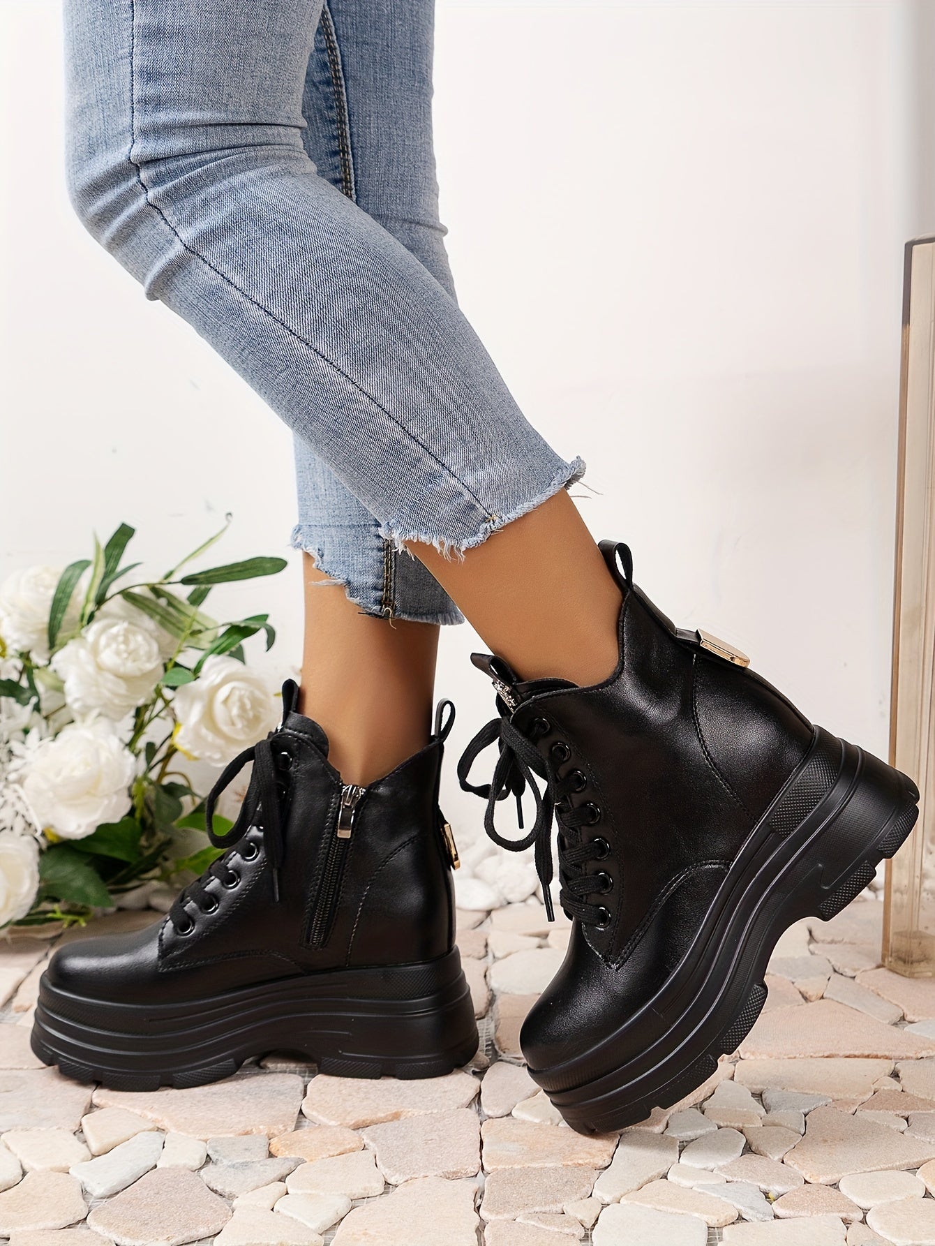 Women's Chunky Platform Ankle Boots - Fleece-Lined Black British