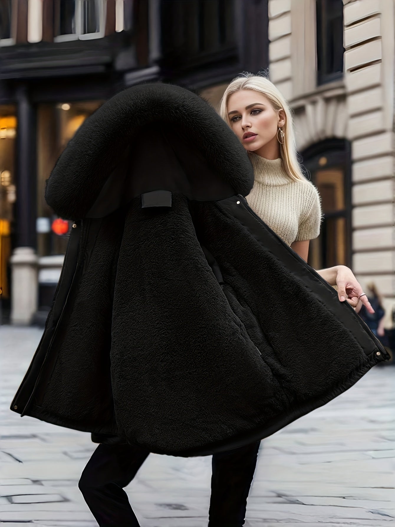 Women's Winter Fleece-Lined Thermal Coat - Full-Zip A-Line Hood