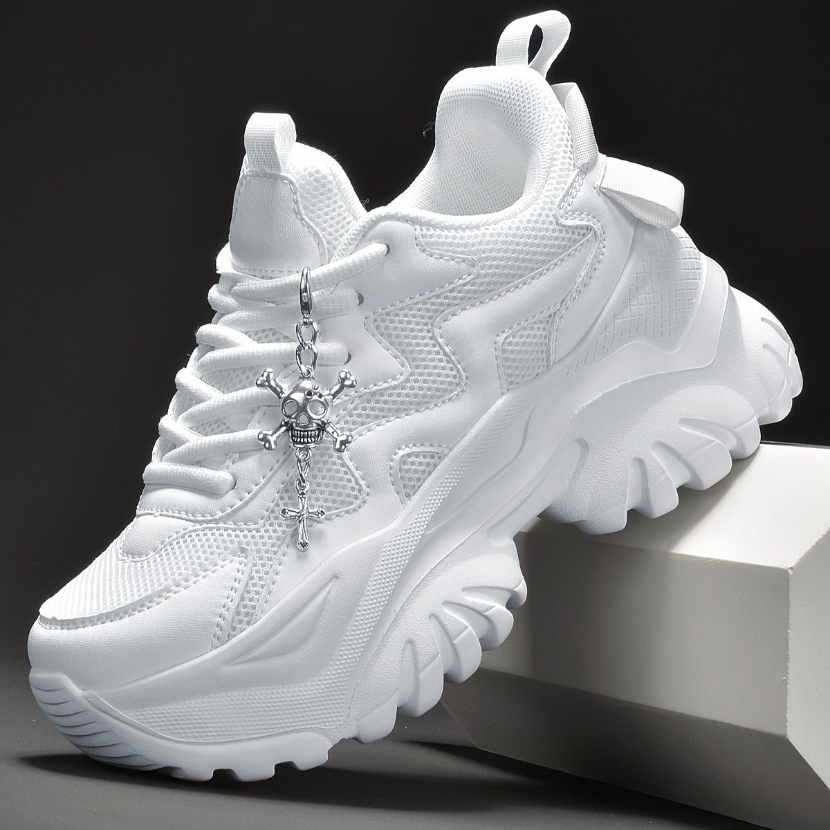 Women's 7cm Height-Increasing Fashion Casual Sneakers with Halloween Elements 3D Cross Skull Metal Shiny Pendant Chain Accessory, Dark Style Women's Outdoor All Seasons EVA Thick Platform High Waterline Lightweight Soft Botto