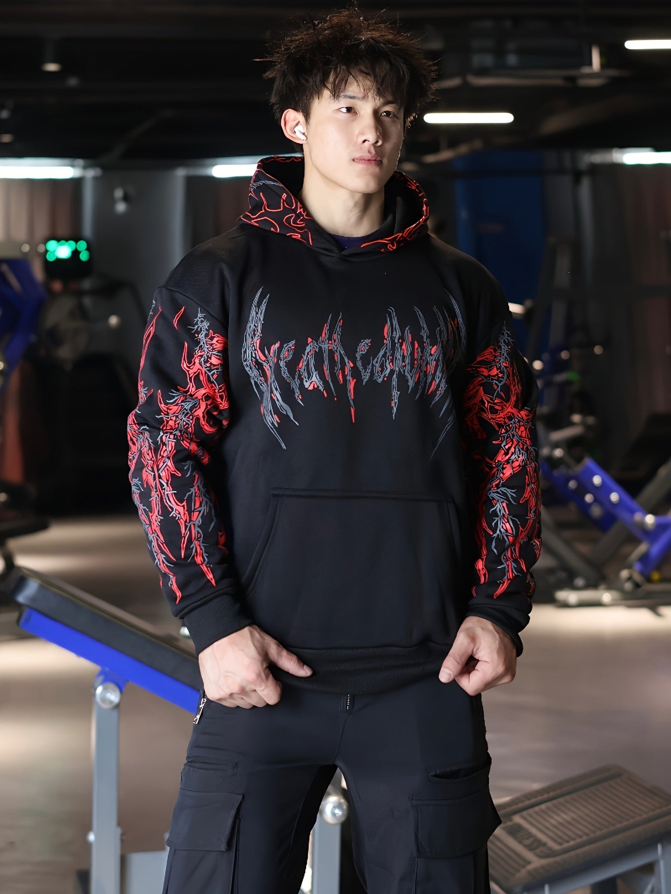 Men's Striped Graphic Print Hoodie - Loose Fit with Kangaroo Pocket