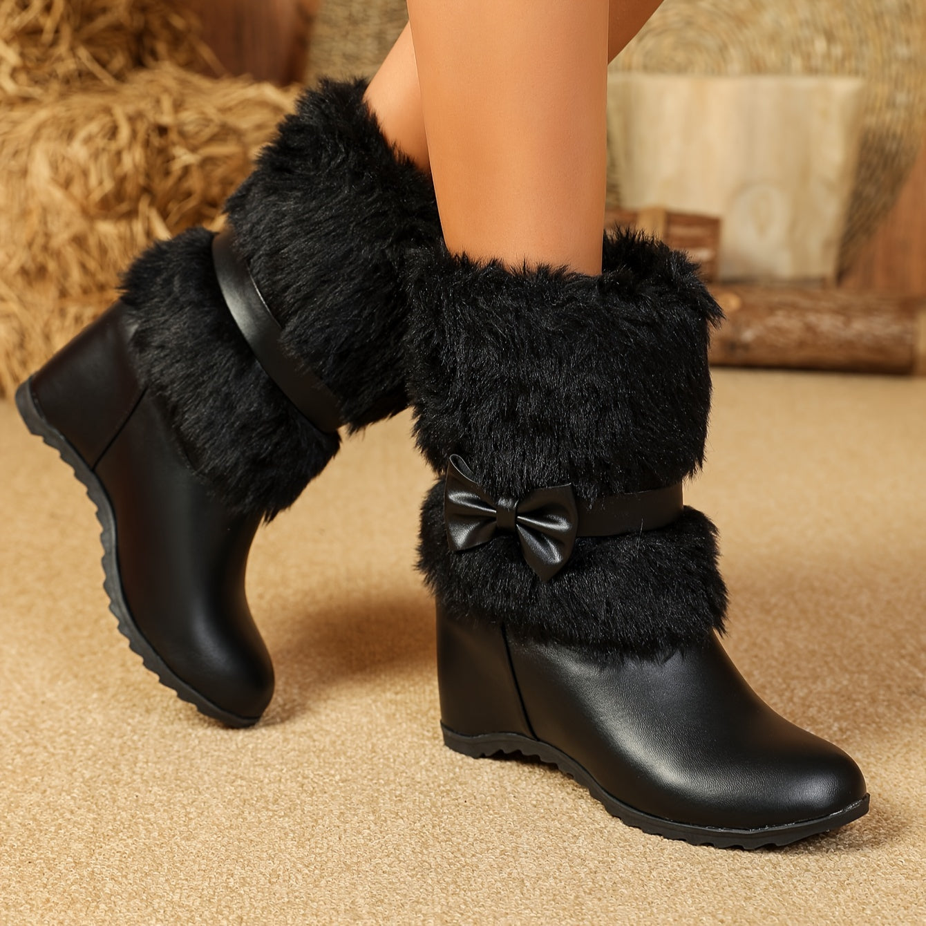 Women's Plush-Lined Winter Boots - Slip-On Mid-Calf Bow Detail