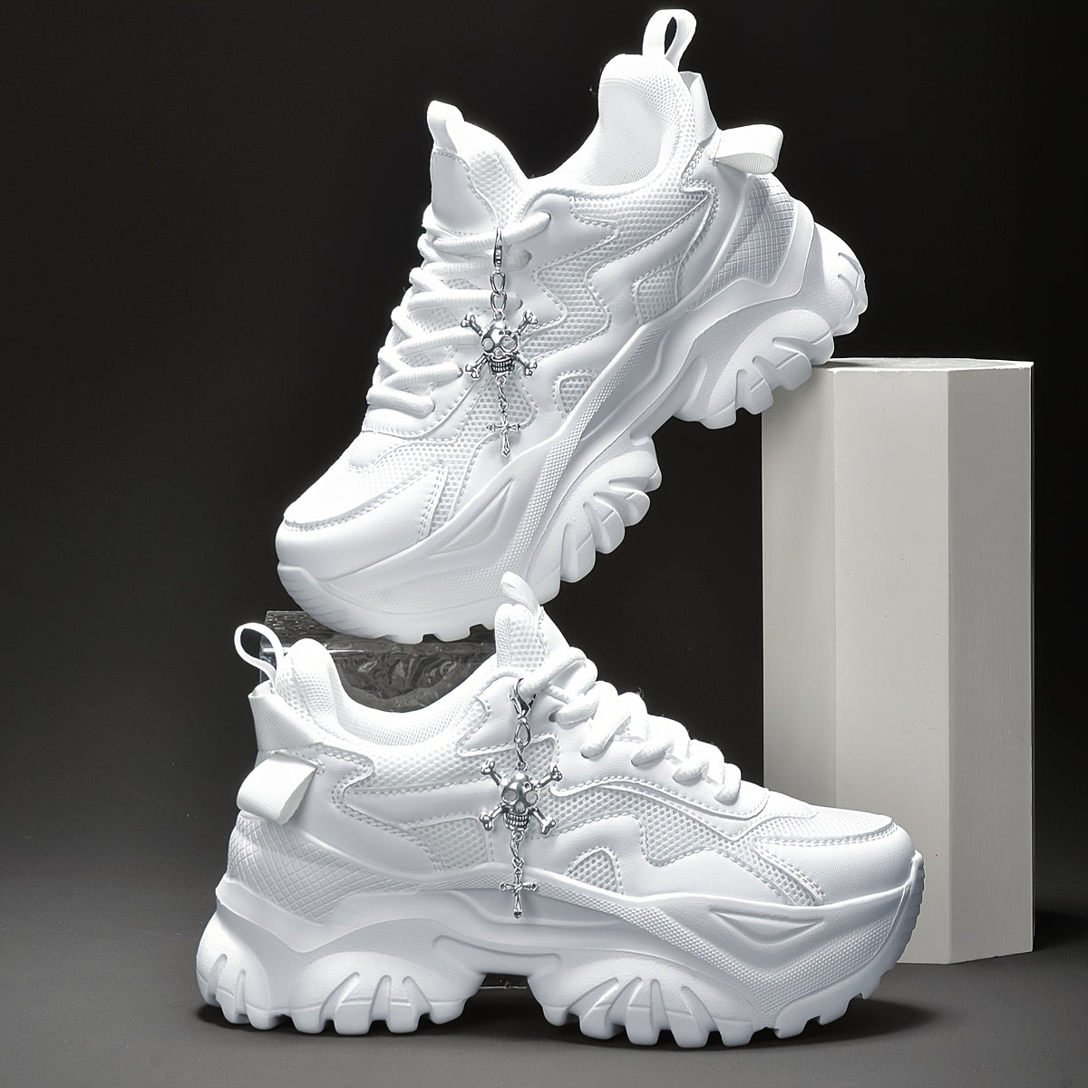 Women's 7cm Height-Increasing Fashion Casual Sneakers with Halloween Elements 3D Cross Skull Metal Shiny Pendant Chain Accessory, Dark Style Women's Outdoor All Seasons EVA Thick Platform High Waterline Lightweight Soft Botto