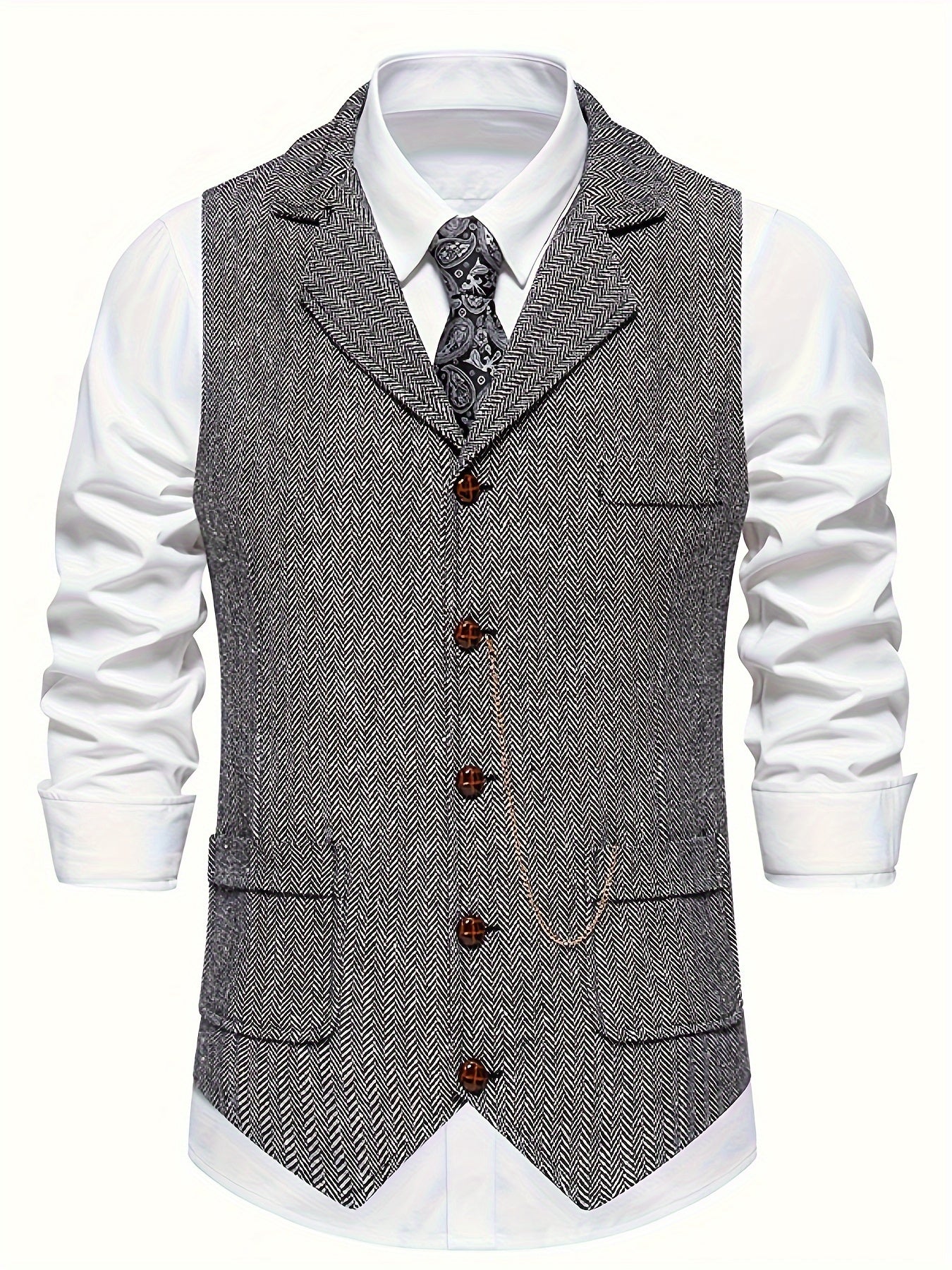 Men's Herringbone Tweed Vest - Single-Breasted Chain Detail Brown