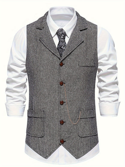 Men's Herringbone Tweed Vest - Single-Breasted Chain Detail Brown