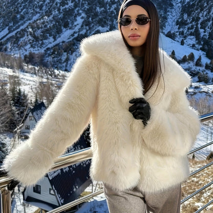 Women's Elegant V-Neck Faux Fur Coat - Solid Color Winter