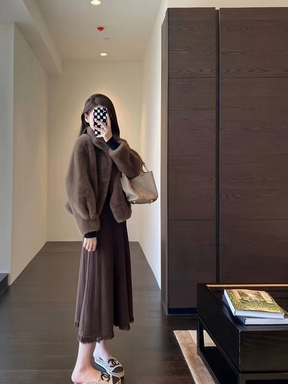 Faux Fur Open Front Fuzzy Coat, Elegant Long Sleeve Warm Outerwear For Fall & Winter, Women's Clothing