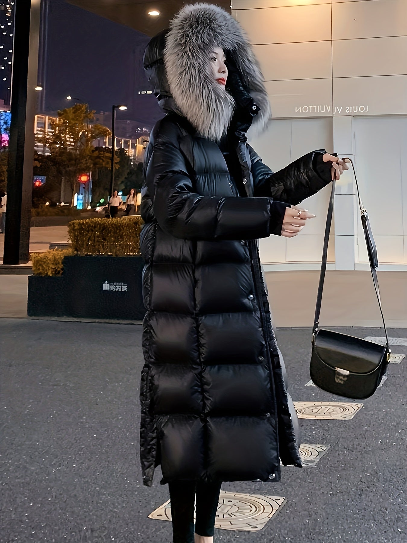 Women's Elegant Longline Coat - Faux Fur Hood