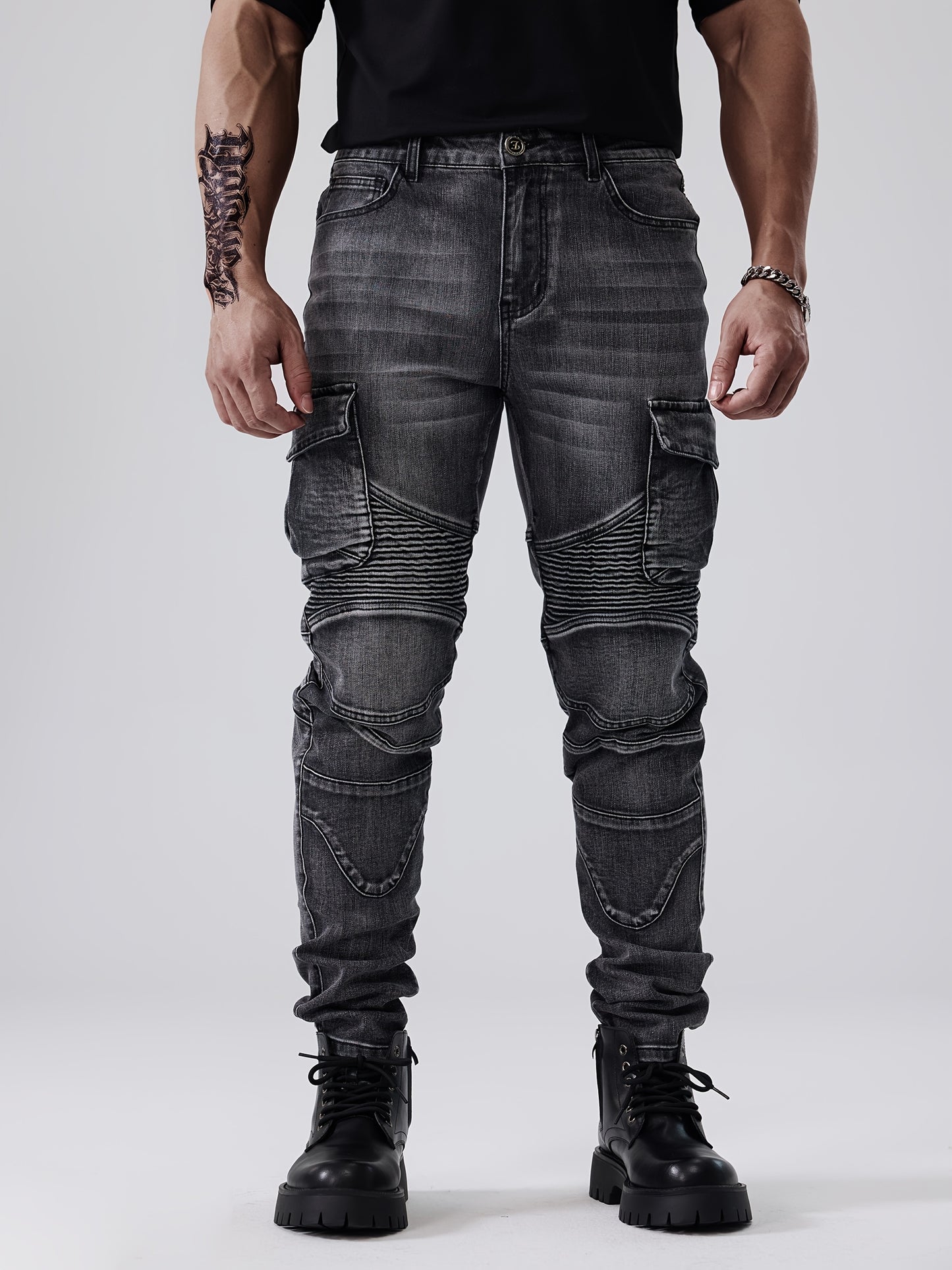 ESDVQ Men's Stretch Slim Multi-Pocket Jeans - Locomotive Stitching