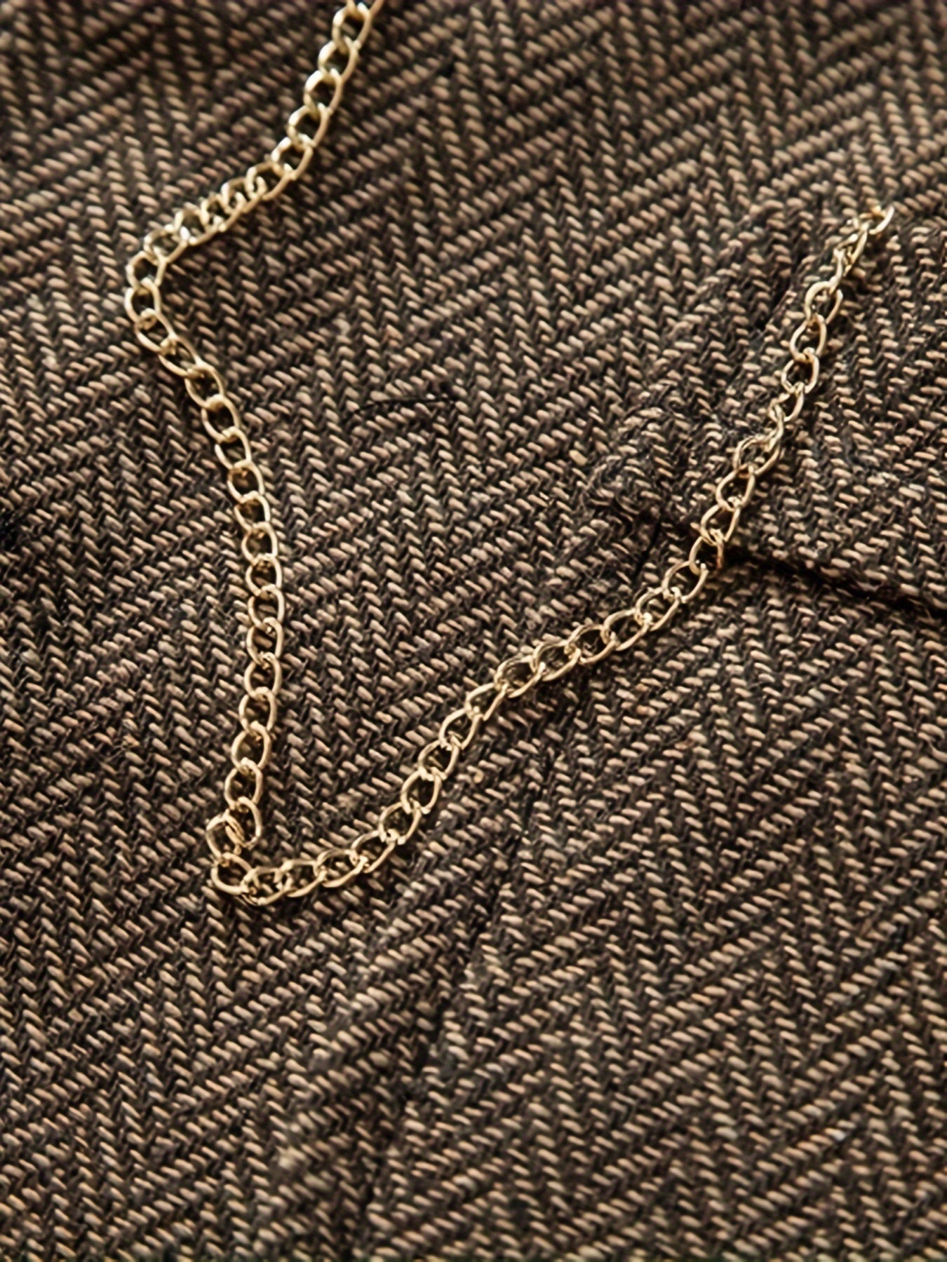 Men's Herringbone Tweed Vest - Single-Breasted Chain Detail Brown
