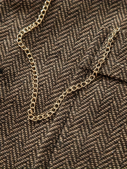 Men's Herringbone Tweed Vest - Single-Breasted Chain Detail Brown