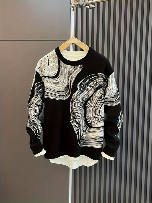 Men's Creative Jacquard Knit Sweater - Round Neck Pullover