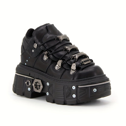 Women's Black Punk Platform Sneakers - High Heel Metal Decor Y2K