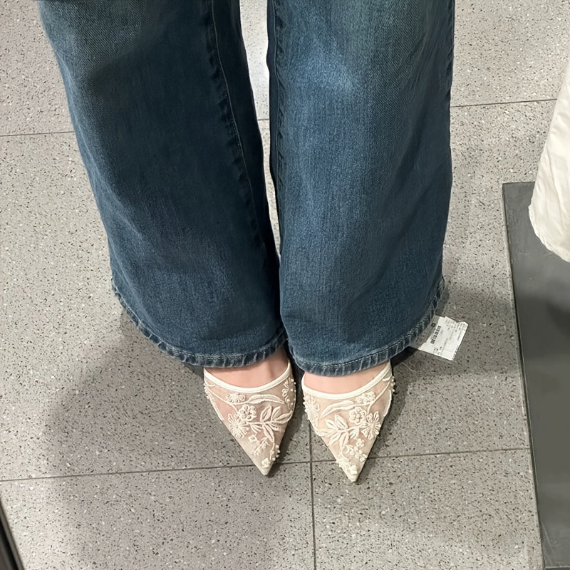 Embroidered Pointed-Toe Slingback Kitten Heels in Ivory