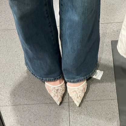 Embroidered Pointed-Toe Slingback Kitten Heels in Ivory