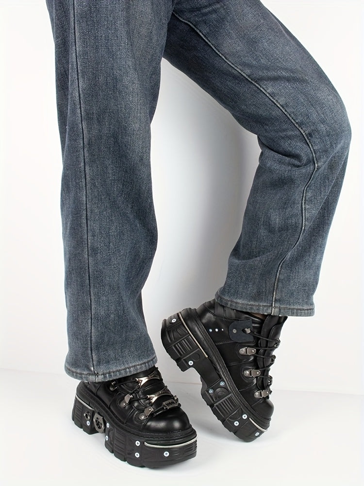 Women's Black Punk Platform Sneakers - High Heel Metal Decor Y2K