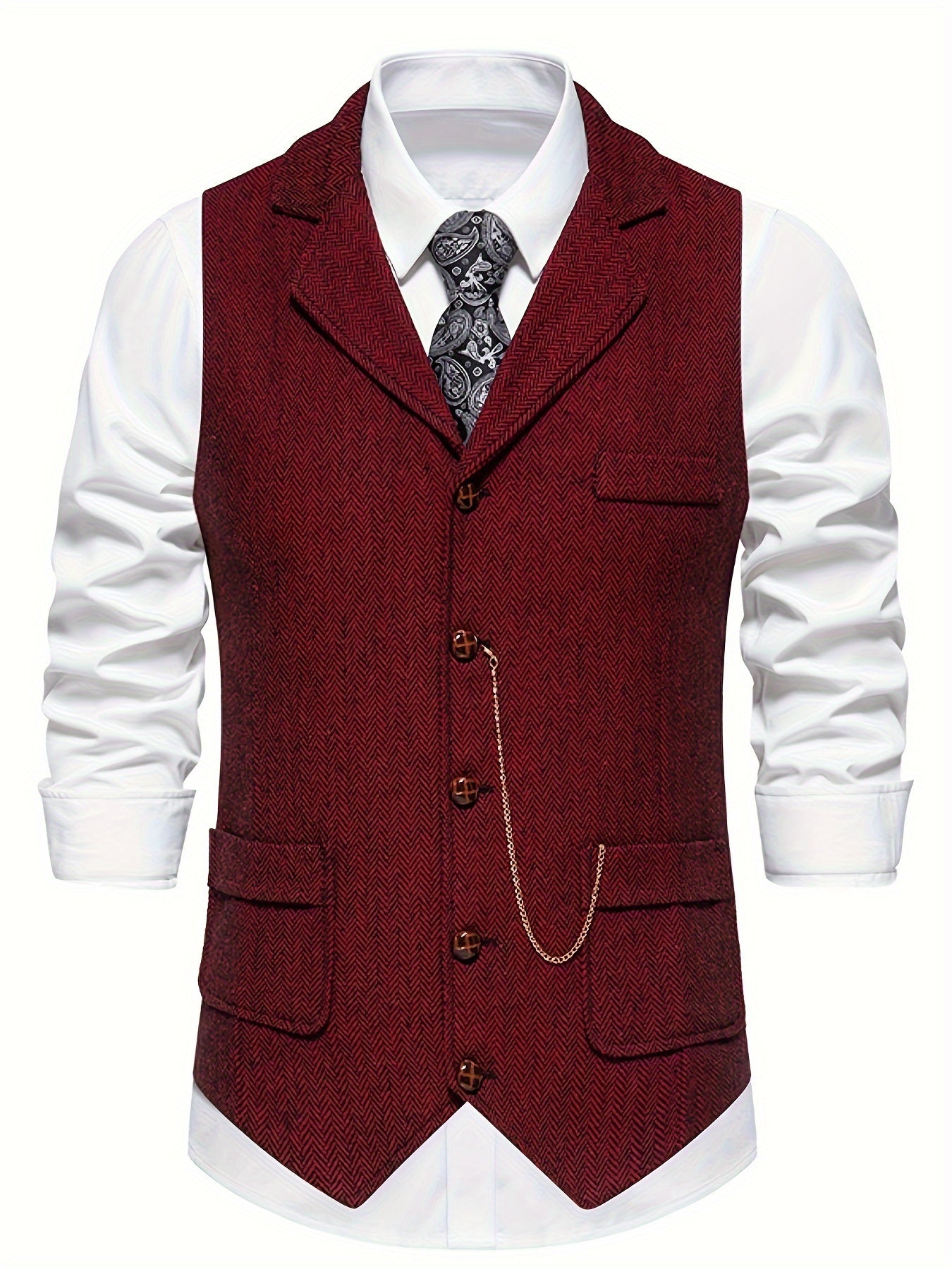 Men's Herringbone Tweed Vest - Single-Breasted Chain Detail Brown