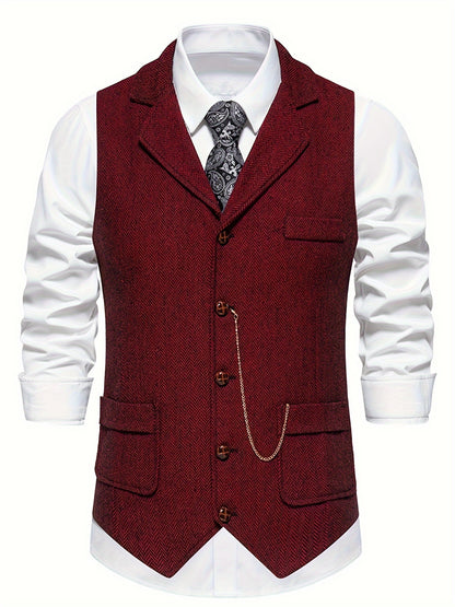 Men's Herringbone Tweed Vest - Single-Breasted Chain Detail Brown