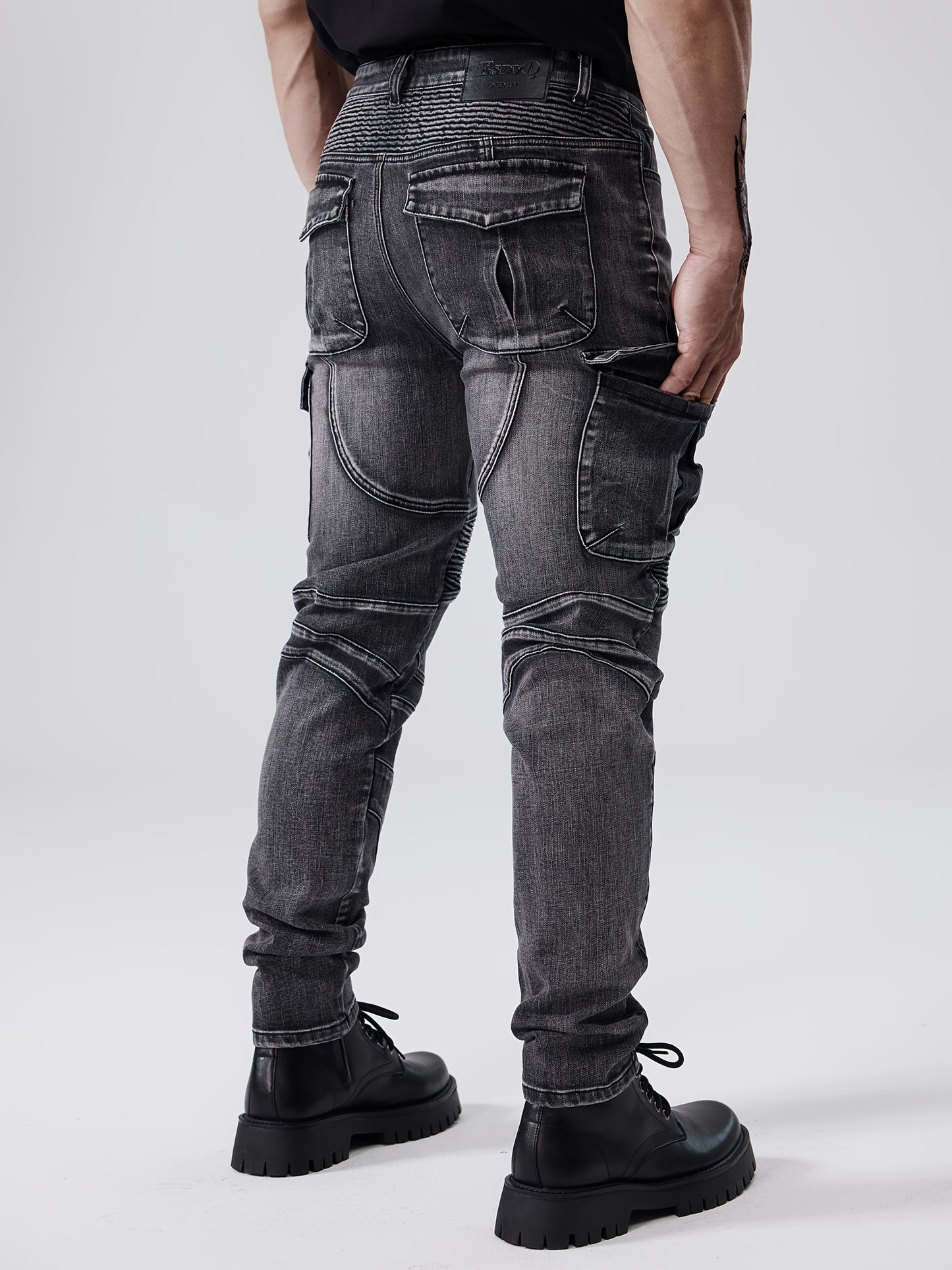 ESDVQ Men's Stretch Slim Multi-Pocket Jeans - Locomotive Stitching