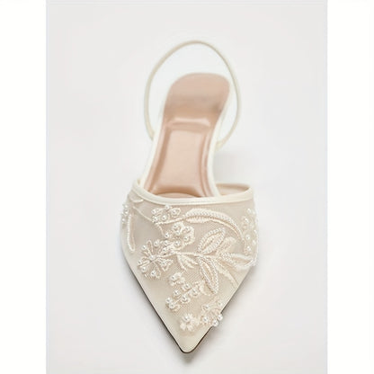 Embroidered Pointed-Toe Slingback Kitten Heels in Ivory