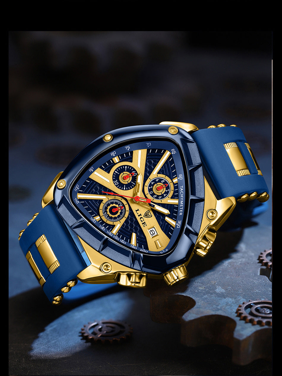 LIGE Men's Quartz Watch - Minimalist Triangle Dial World Time