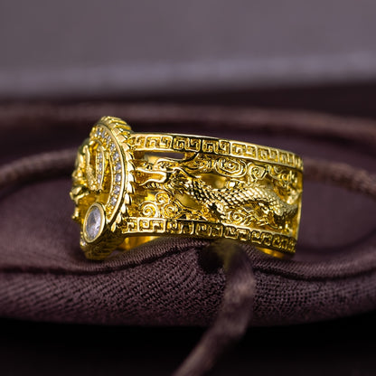 Chinese Dragon Ring for Men - Copper with Zircon Accents