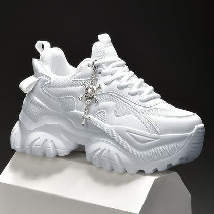 Women's 7cm Height-Increasing Fashion Casual Sneakers with Halloween Elements 3D Cross Skull Metal Shiny Pendant Chain Accessory, Dark Style Women's Outdoor All Seasons EVA Thick Platform High Waterline Lightweight Soft Botto