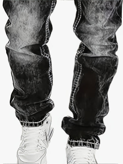 Men's Casual Stretch Denim Jeans - Distressed Washed Regular Fit