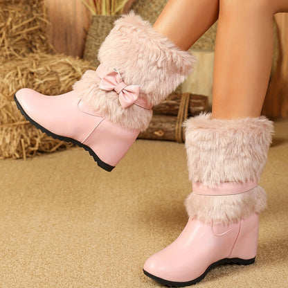 Women's Plush-Lined Winter Boots - Slip-On Mid-Calf Bow Detail