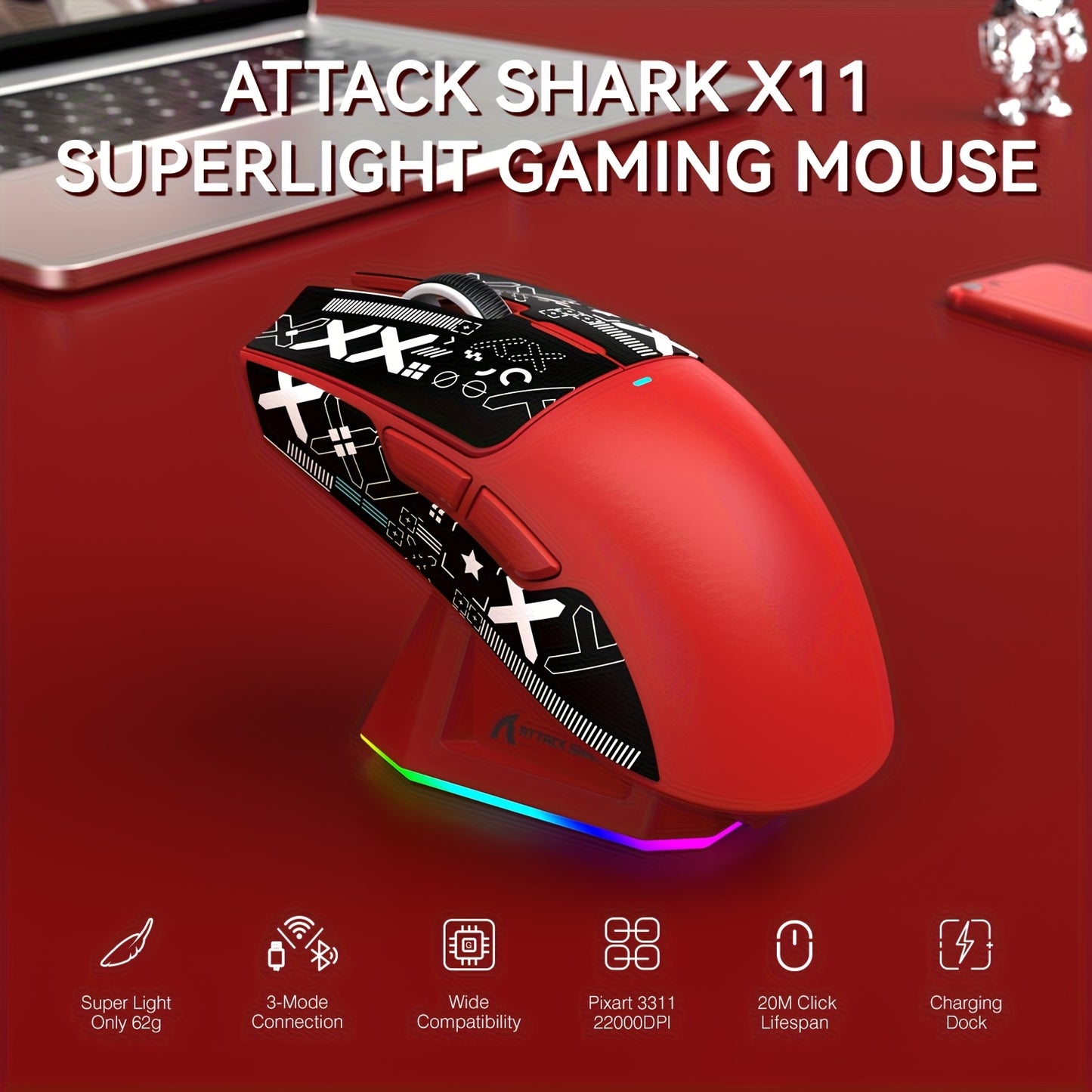 ATTACK SHARK X11 Gaming Mouse - Magnetic Charging Dock Multi-Platform