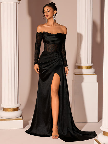 Women's Elegant Off-Shoulder Lace Gown Dress - Slit Back Tie