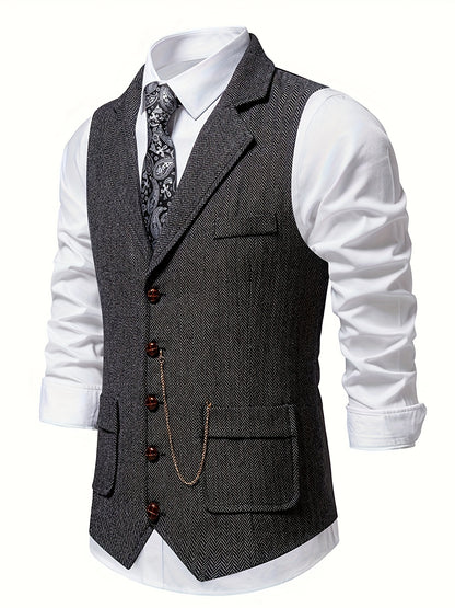 Men's Herringbone Tweed Vest - Single-Breasted Chain Detail Brown