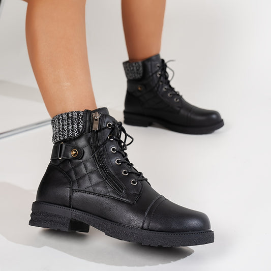 Women's Boots - Chunky Heel Lace-Up Side Zipper