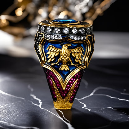 Vintage-Kriegerring, Doppeladler-Design, dunkelblaue Emaille-Elemente, Ring mit synthetischen Edelsteinen, Herrenring im Vintage-Stil, Granat-Imitat