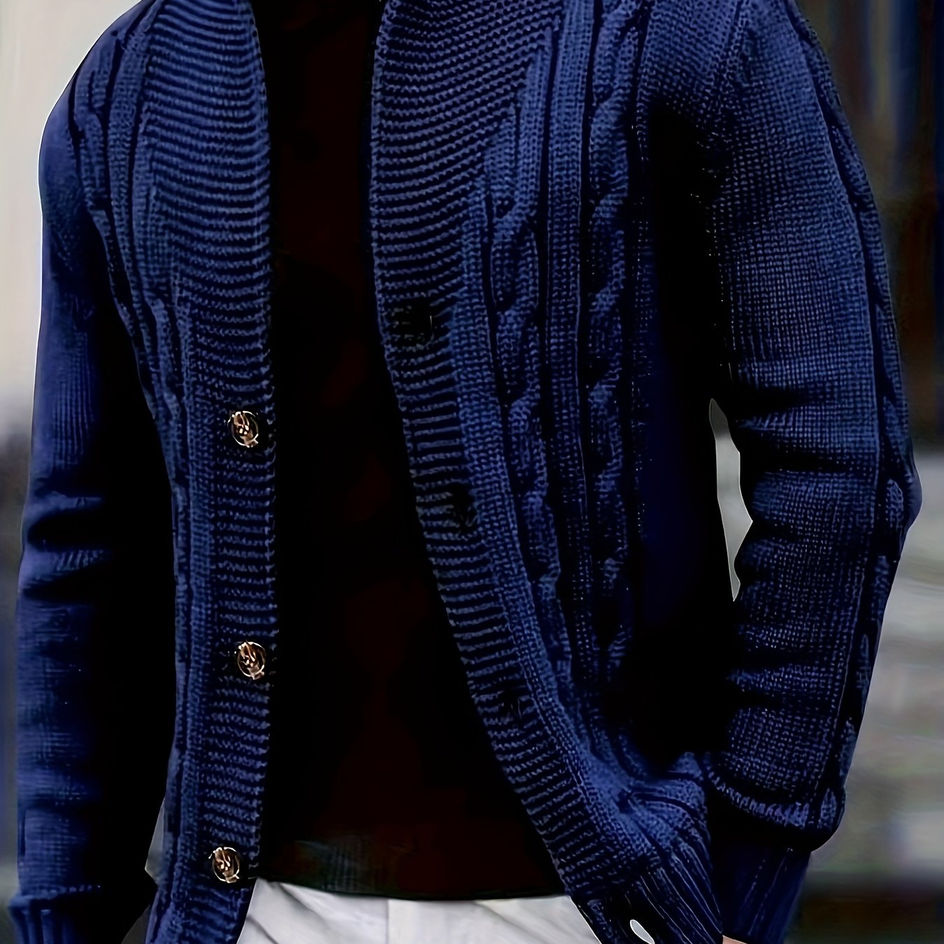 Men's Cable Knit Sweater - Black Large Lapel Ribbed