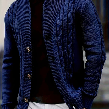 Men's Cable Knit Sweater - Black Large Lapel Ribbed