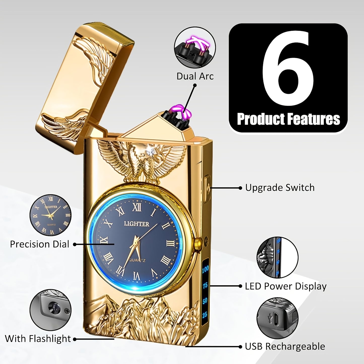 Dual Arc Plasma Igniter - 3D Eagle Relief LED USB Rechargeable