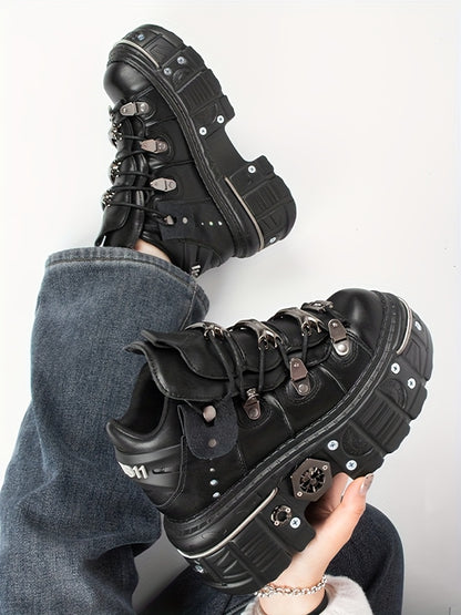Women's Black Punk Platform Sneakers - High Heel Metal Decor Y2K