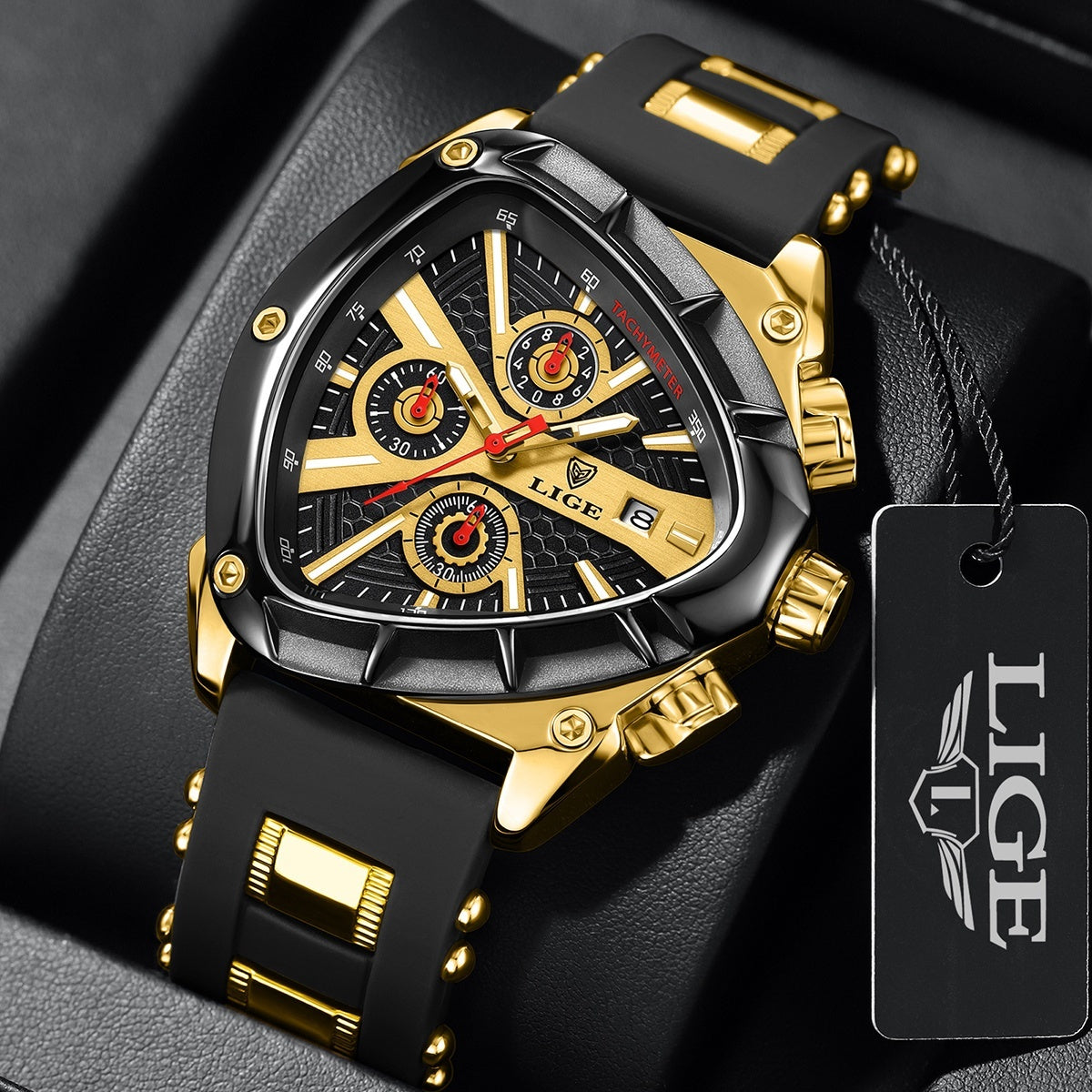 LIGE Men's Quartz Watch - Minimalist Triangle Dial World Time