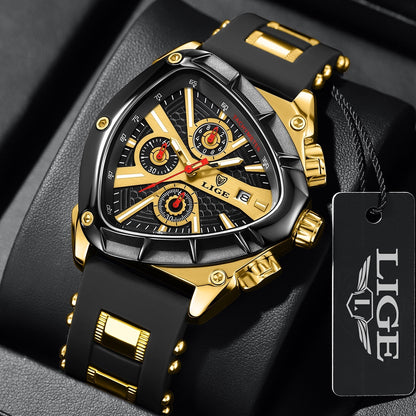 LIGE Men's Quartz Watch - Minimalist Triangle Dial World Time